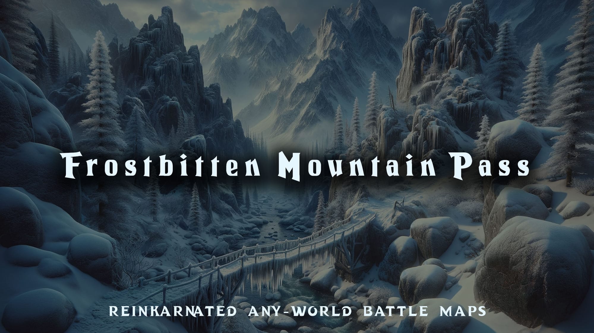 Frostbitten Mountain Pass dnd 5e battle map — icy mountain crossing
