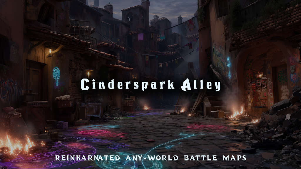 Cinderspark Alley dungeons and dragons battle map — dark urban alleyway