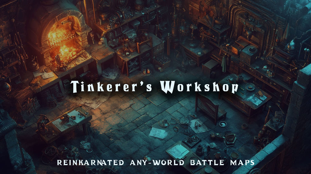 Tinkerer's Workshop dungeons and dragons encounter map — inventor's cluttered workshop