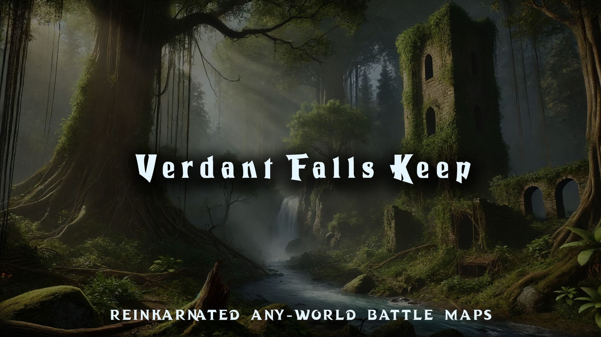 Verdant Falls Keep dungeons and dragons battle map — fortress with waterfall